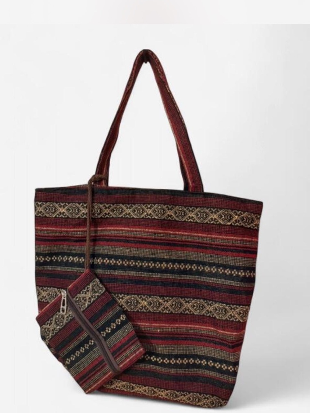 Striped Woven Tote Bag in Burgundy and Black w Mini Pouch